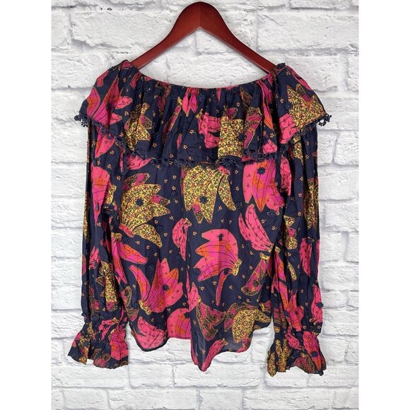 FARM RIO Women's Navy Patchwork Banana Ruffle Tie Neck Embroidered Blouse NWT M - Picture 6 of 6